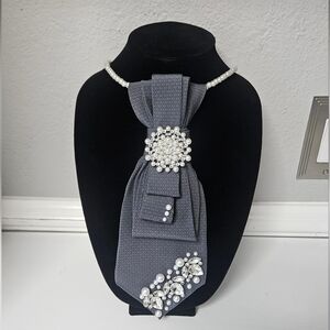 Upcycled DKNY Grey Necktie Necklace with Crystal & Pearl Accents